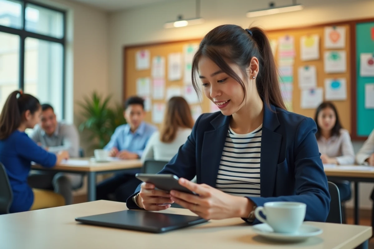 Jeune femme vérifie ses mails dans une salle des enseignants chaleureuse