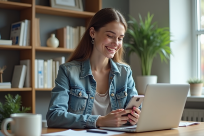 Jeune femme souriante avec smartphone et profil Instagram