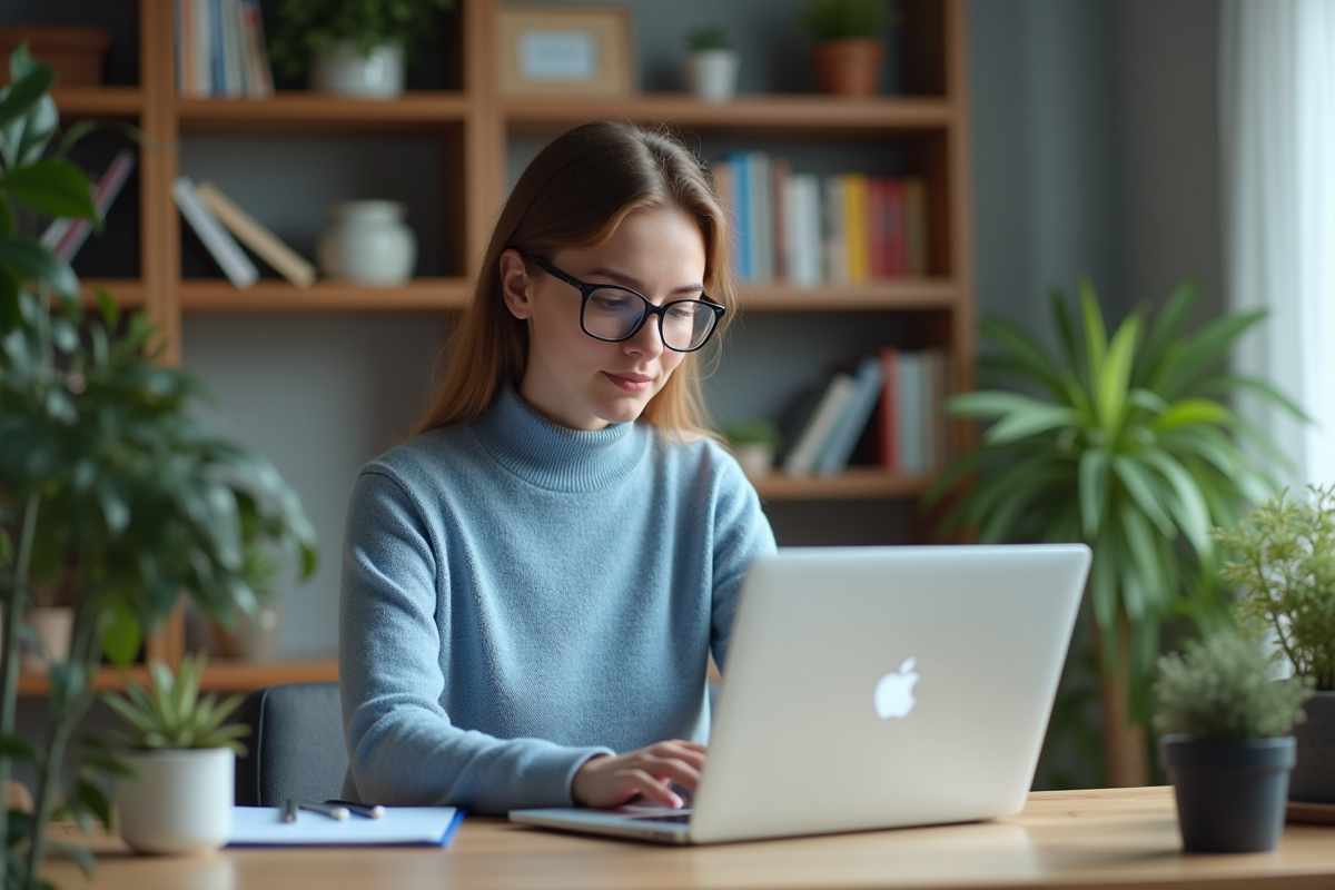 Jeune femme concentrée sur son ordinateur à la maison