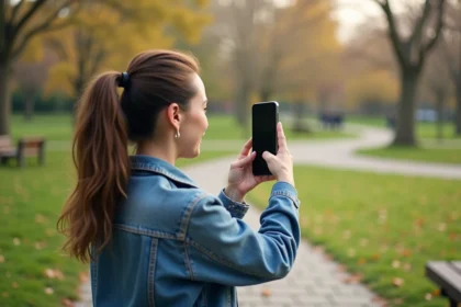 Jeune femme en denim prenant une photo dans un parc en automne