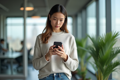 Jeune femme examinant une page web dans un bureau moderne