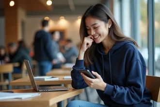 Jeune femme concentrée avec smartphone dans un café universitaire