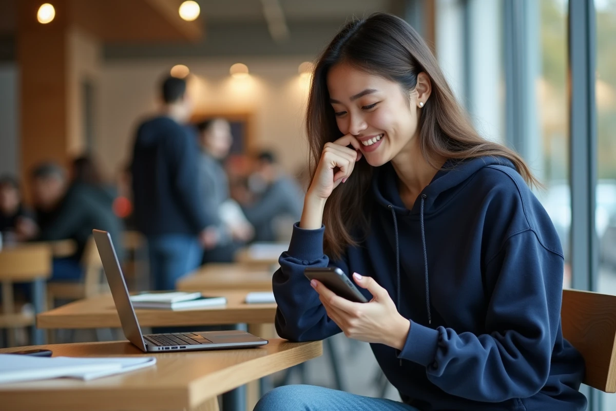 Jeune femme concentrée avec smartphone dans un café universitaire