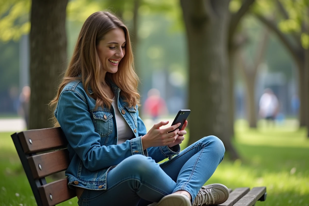 Jeune femme en denim souriante dans un parc urbain