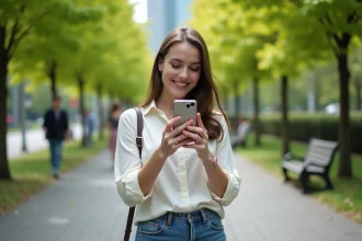 Jeune femme souriante prenant une photo dans un parc urbain
