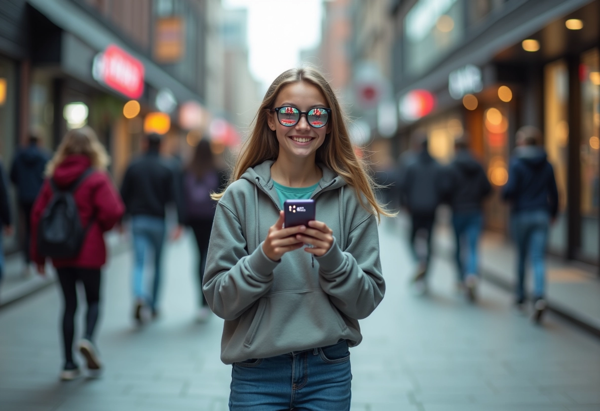 Jeune fille dans la ville avec reflet AR dans ses lunettes