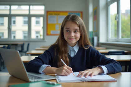 Jeune fille en uniforme scolaire utilisant un ordinateur en classe
