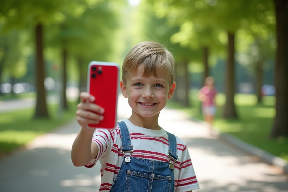 Jeune garçon montrant téléphone dans un parc verdoyant