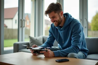 Jeune homme assemble un drone dans un salon lumineux