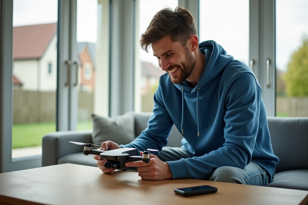 Jeune homme assemble un drone dans un salon lumineux