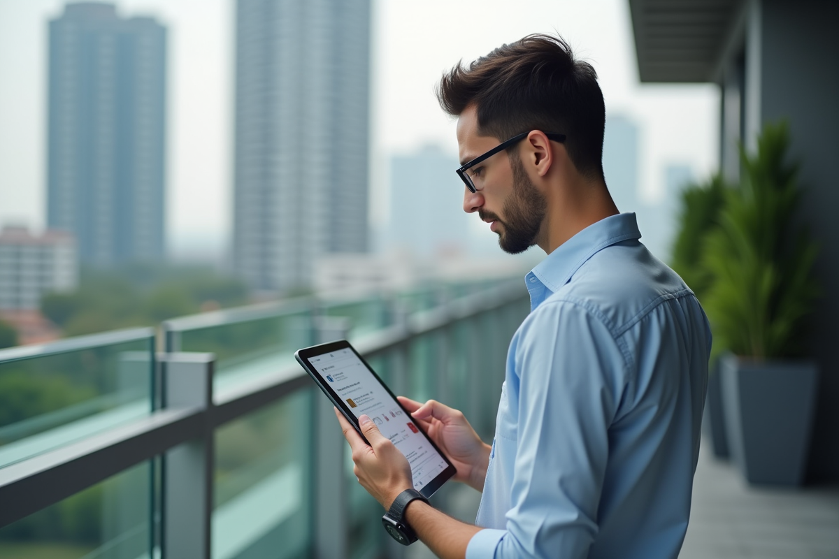 Jeune homme regardant un flux RSS sur une tablette en extérieur