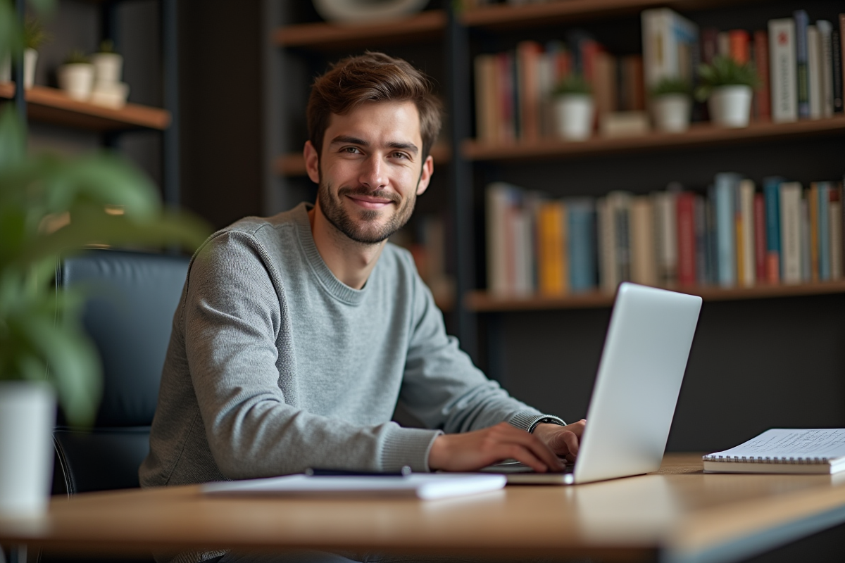 Jeune homme au bureau avec ordinateur portable en intérieur