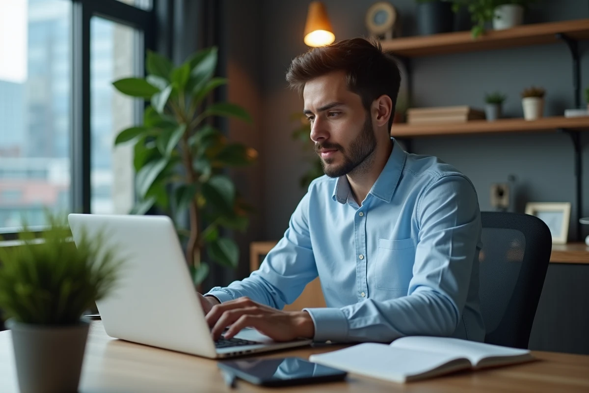 Jeune homme au bureau en train d'éditer une vidéo sur son ordinateur
