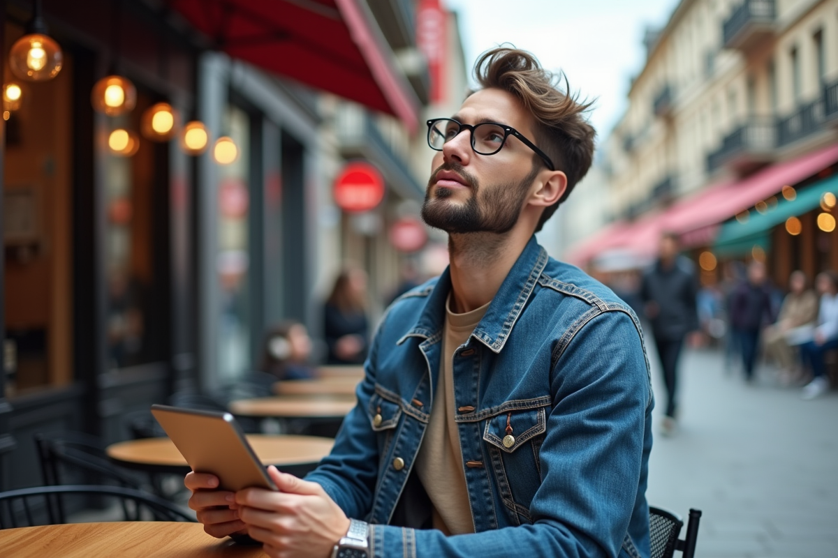 Jeune homme avec tablette dans un café en plein air