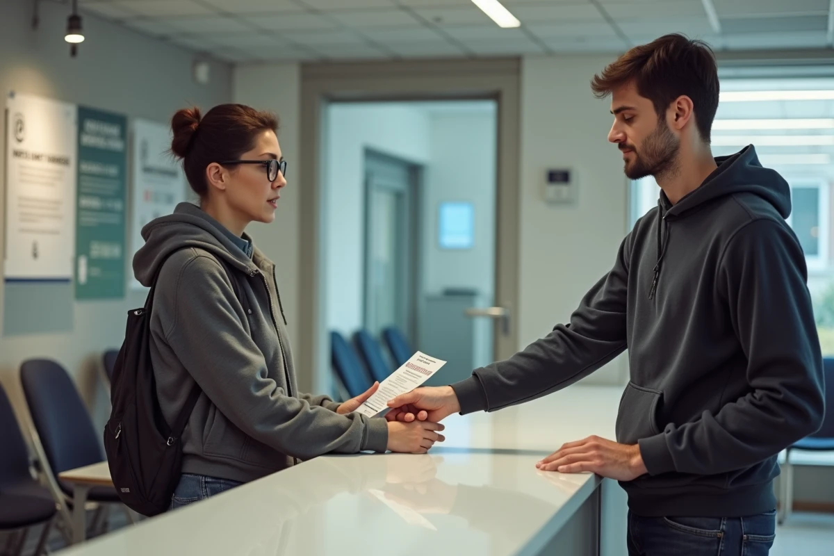 Jeune homme parlant avec une réceptionniste dans un bâtiment public