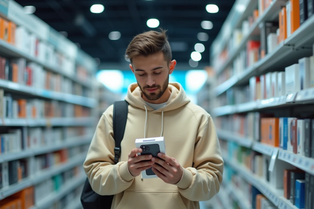 Jeune homme lisant les caractéristiques d'un smartphone en magasin pour juger son rapport qualité-prix