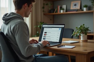 Jeune homme concentré sur son ordinateur portable pour convertir YouTube en MP3