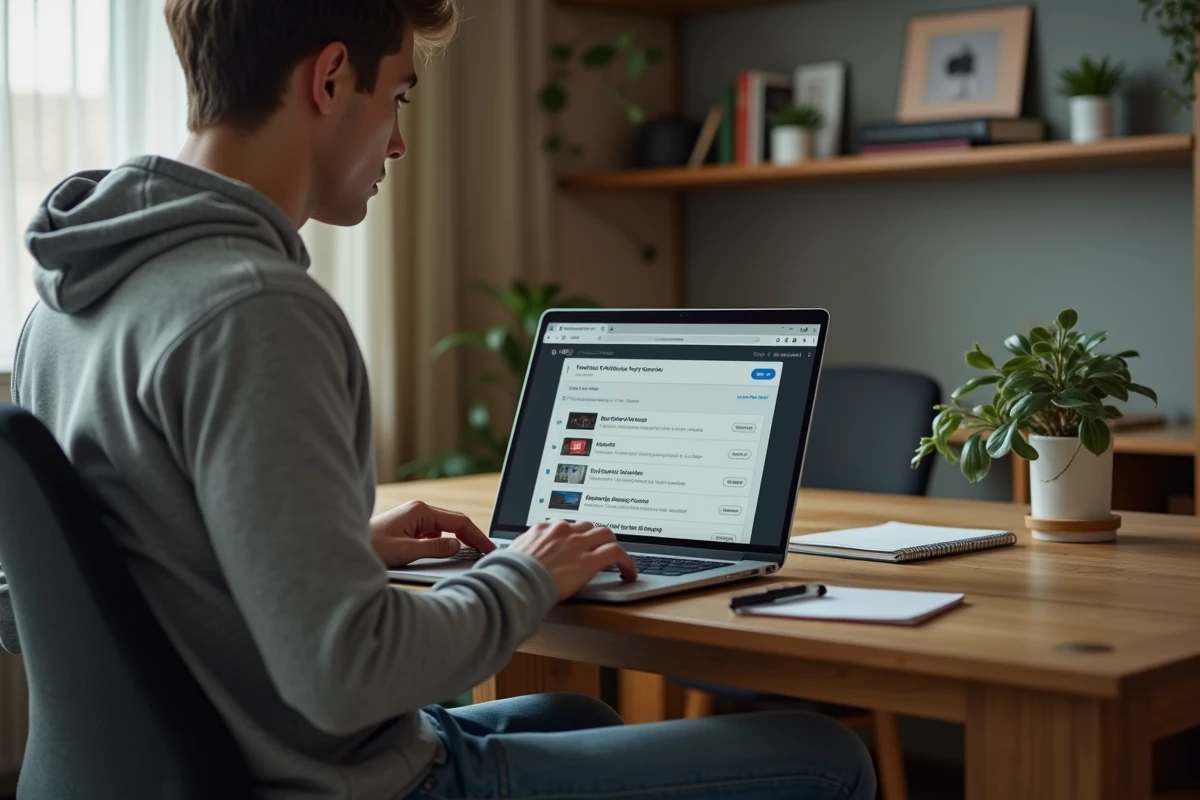 Jeune homme concentré sur son ordinateur portable pour convertir YouTube en MP3