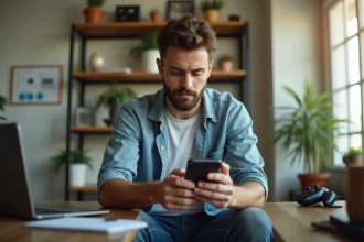 Jeune homme utilisant son smartphone dans un bureau moderne