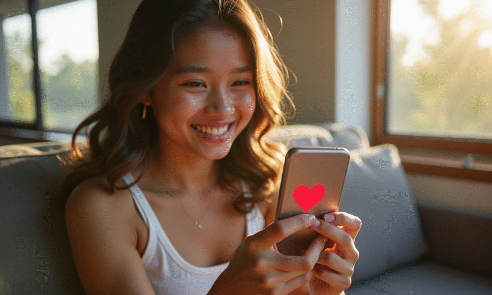 Jeune souriant tenant un smartphone avec conversation Snapchat et cœur rouge