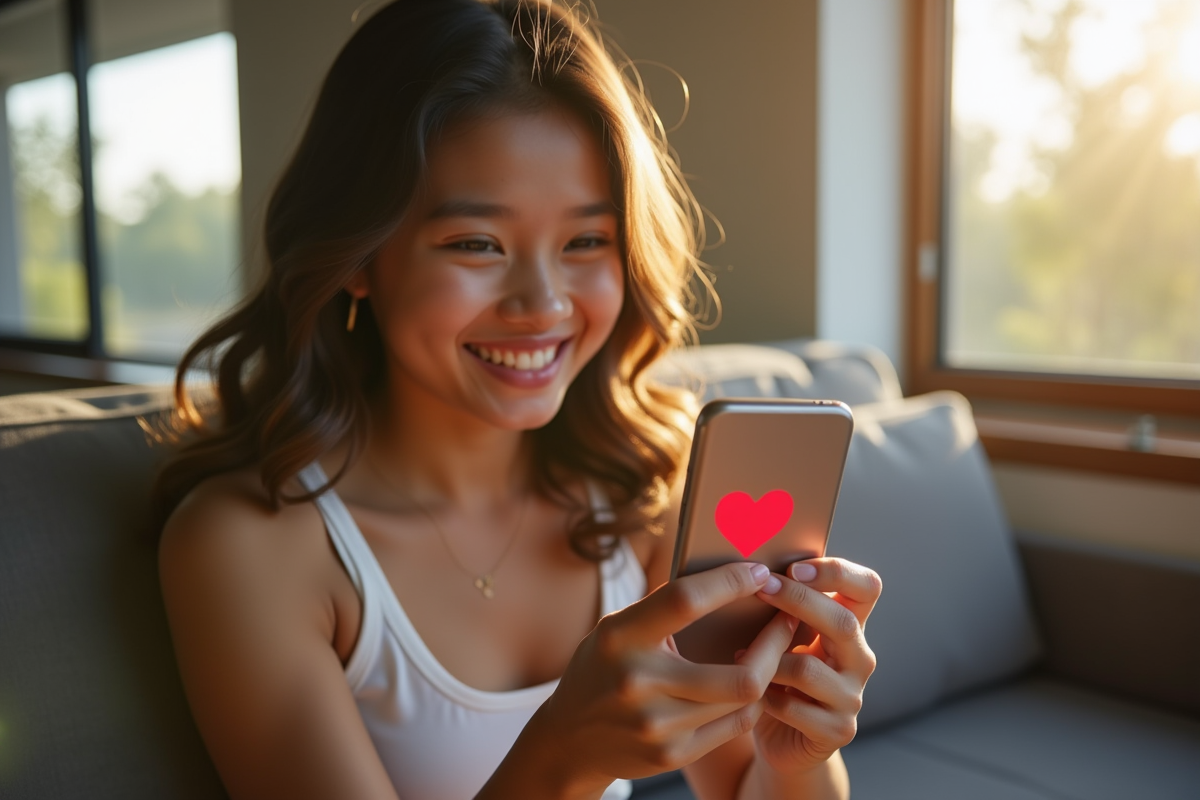 Jeune souriant tenant un smartphone avec conversation Snapchat et cœur rouge