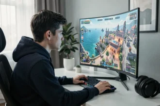 Joueur FiveM concentré devant son écran dans un bureau gaming moderne, illustrant les bonnes pratiques pour débuter sans se faire bannir