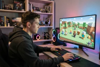Joueur installant un mod pack Pixelmon sur son PC gaming avec écran affichant un monde Minecraft coloré