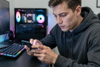 Joueur adulte concentré tenant un Samsung Galaxy en mode paysage pour une session de gaming mobile dans un setup gamer moderne