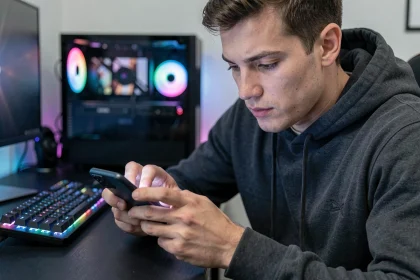 Joueur adulte concentré tenant un Samsung Galaxy en mode paysage pour une session de gaming mobile dans un setup gamer moderne