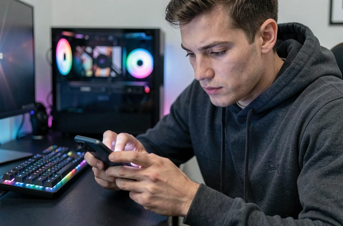 Joueur adulte concentré tenant un Samsung Galaxy en mode paysage pour une session de gaming mobile dans un setup gamer moderne