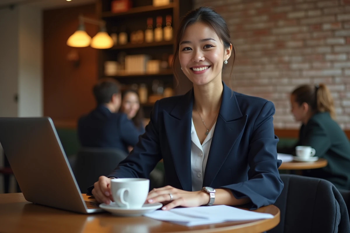 Jeune juriste souriante travaillant dans un café