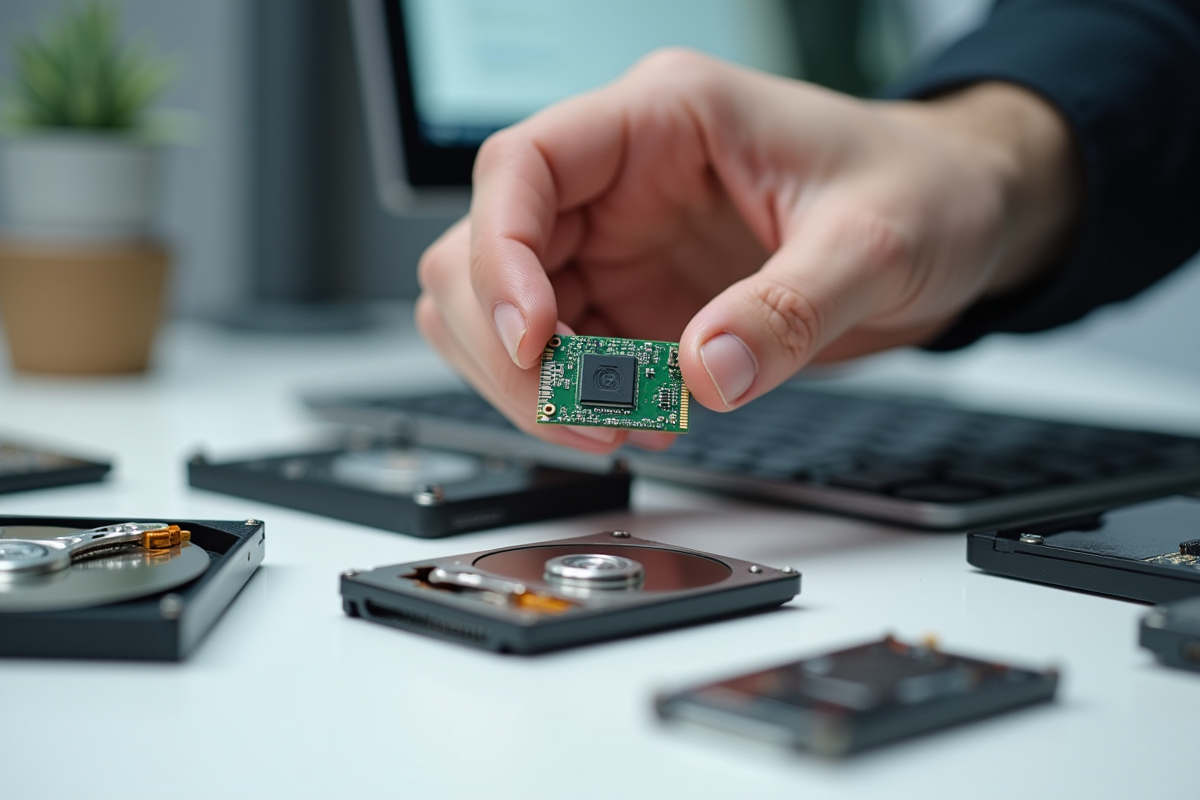 Main tenant un SSD mSATA avec disques durs anciens sur bureau blanc
