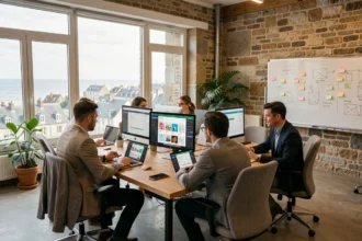 Équipe d'une agence digitale bretonne collaborant autour de projets Shopify dans un bureau moderne mêlant pierre et design contemporain