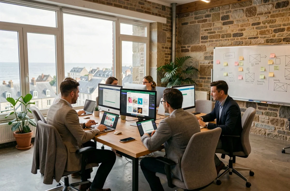 Équipe d'une agence digitale bretonne collaborant autour de projets Shopify dans un bureau moderne mêlant pierre et design contemporain