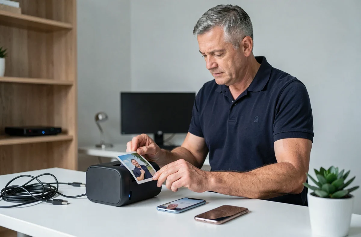 Homme examinant une photo imprimée par une mini imprimante portable posée sur un bureau à domicile