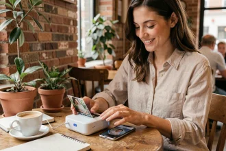 Femme utilisant une mini imprimante photo Bluetooth connectée à son smartphone dans un café