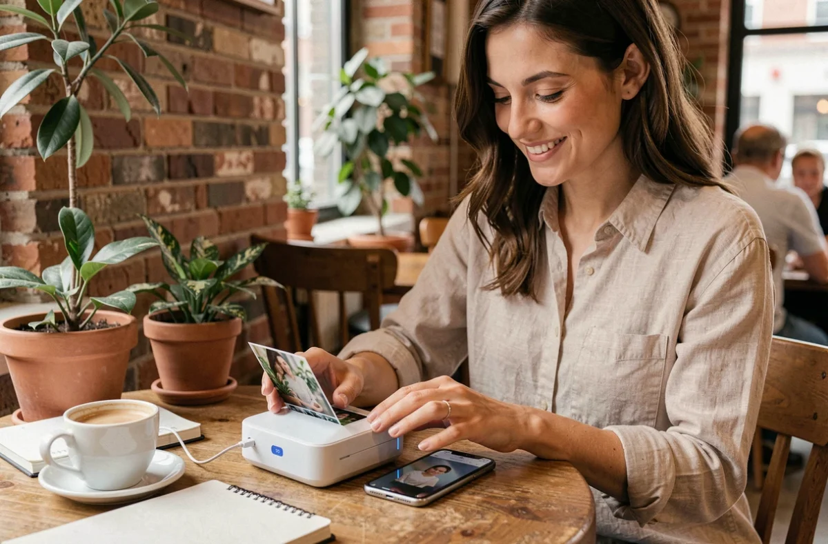 Femme utilisant une mini imprimante photo Bluetooth connectée à son smartphone dans un café