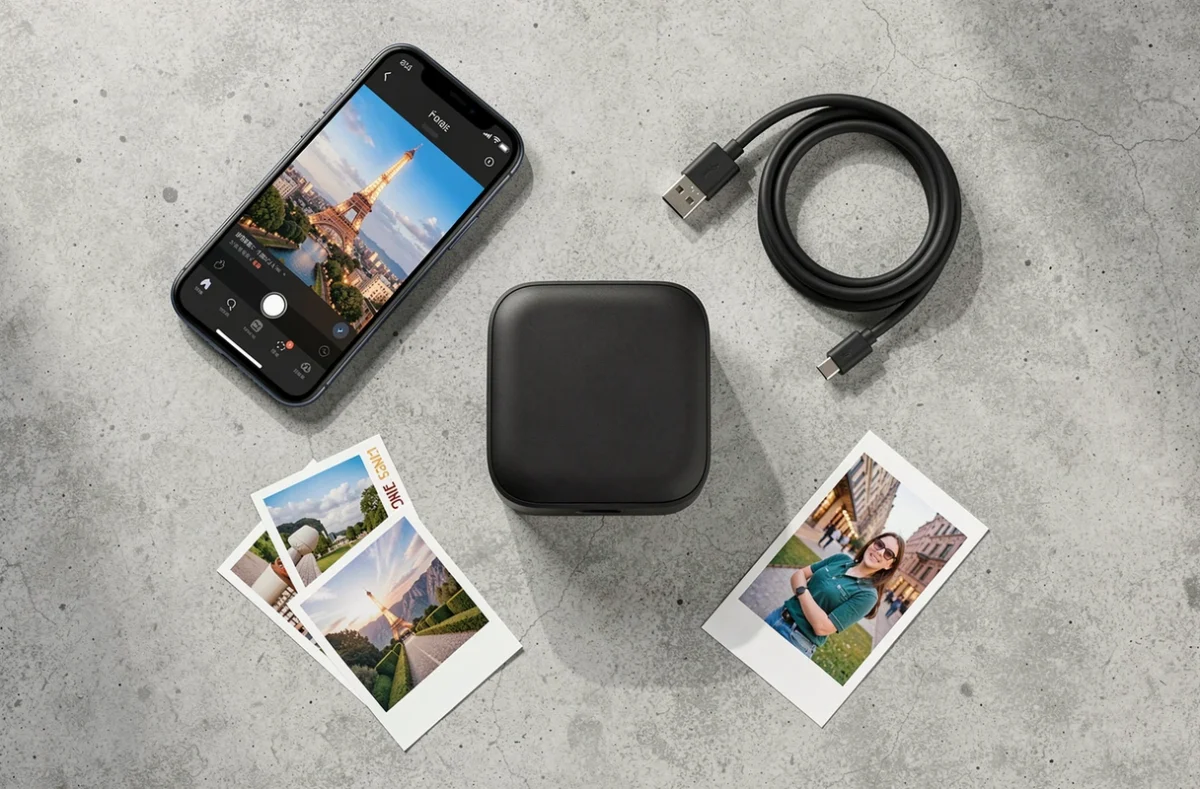 Flat lay d'une mini imprimante smartphone avec photos imprimées et accessoires sur fond béton