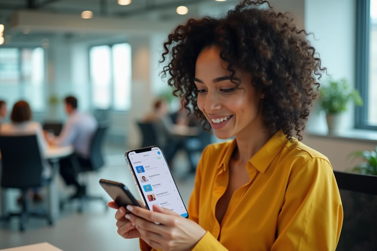 Jeune femme changeant de compte Google sur smartphone dans un bureau open space moderne