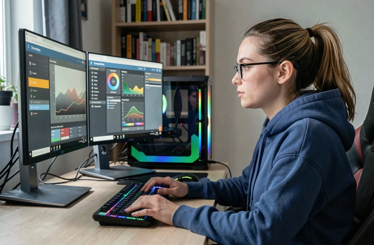 Femme surveillant la température de son PC gaming sur un logiciel de monitoring depuis son bureau à domicile