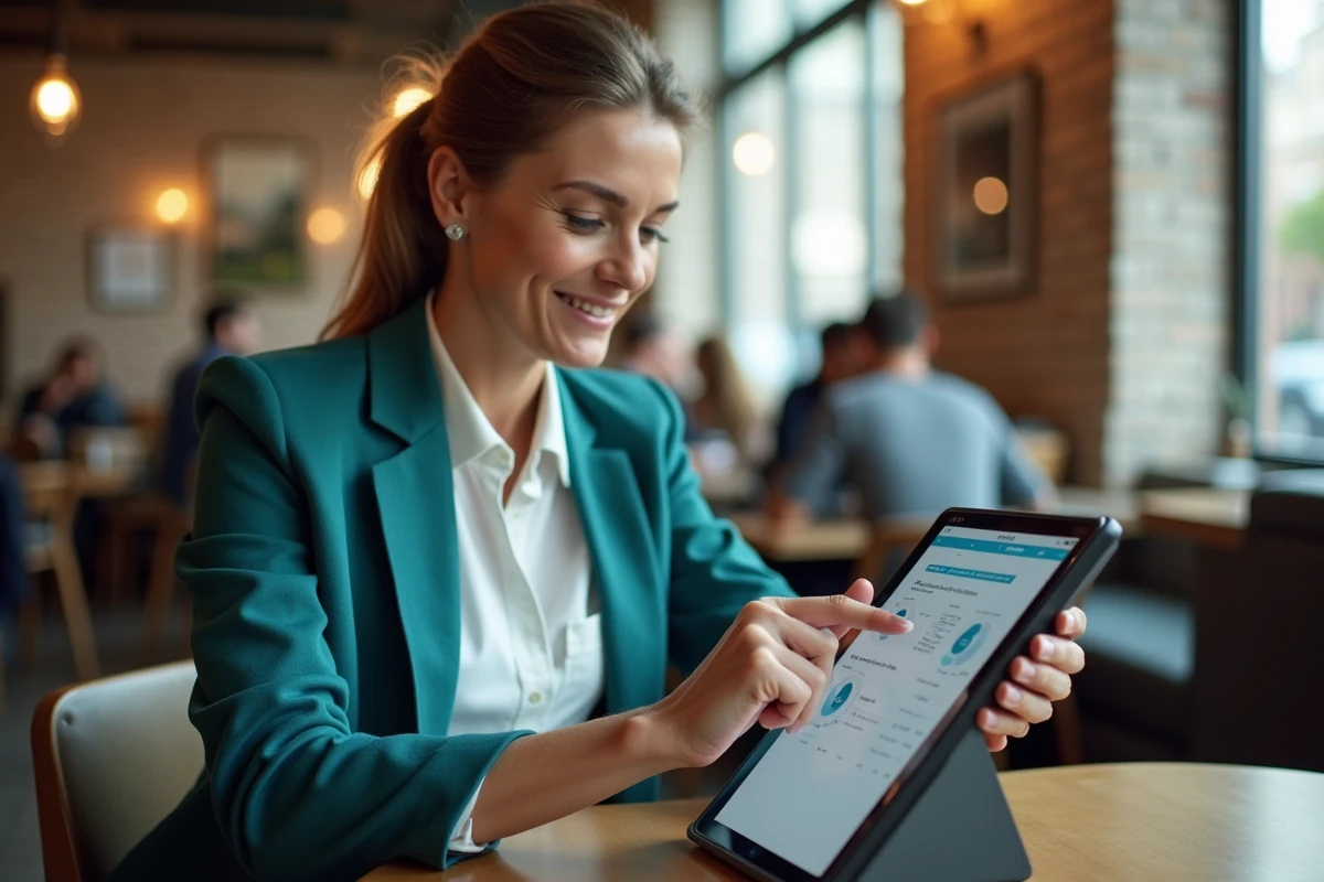 Femme naviguant dans les menus d'une application web sur une tablette tactile dans un café contemporain