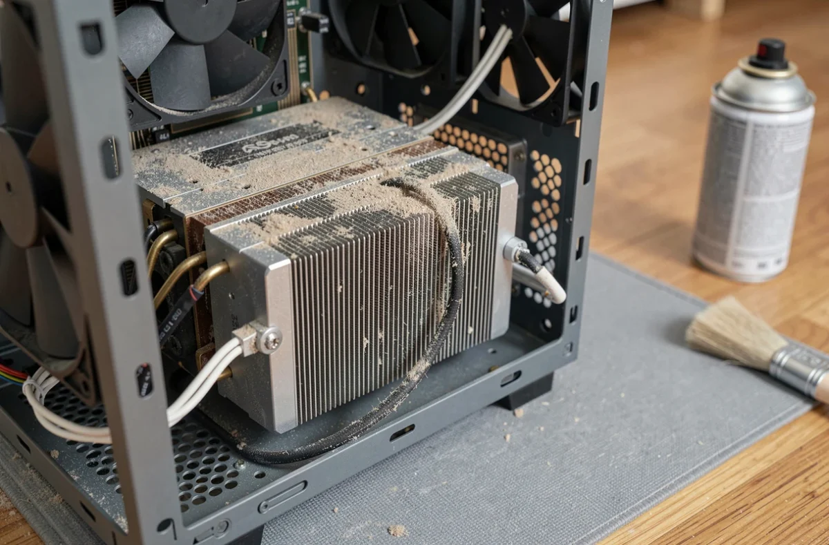 Gros plan sur un refroidisseur CPU encrassé à l'intérieur d'un PC, illustrant l'importance du nettoyage pour stabiliser les températures
