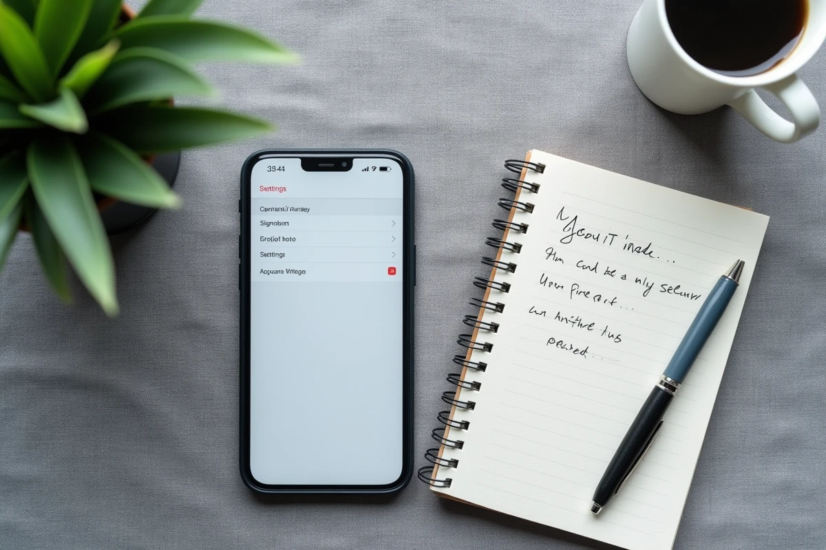 Vue de dessus d'un smartphone affichant les paramètres de confidentialité Google Photos avec un carnet de notes