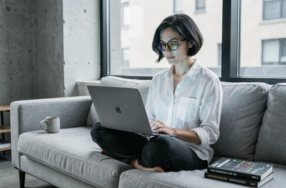 Femme consultant le terminal Mac sur un canapé, utilisant des pipes Unix pour enchaîner des commandes et gagner du temps