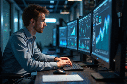 Jeune homme IT concentré devant un laptop avec centre de données