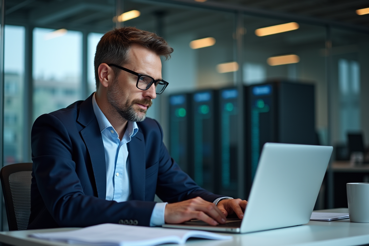 Homme IT en costume bleu examine notifications sur son ordinateur