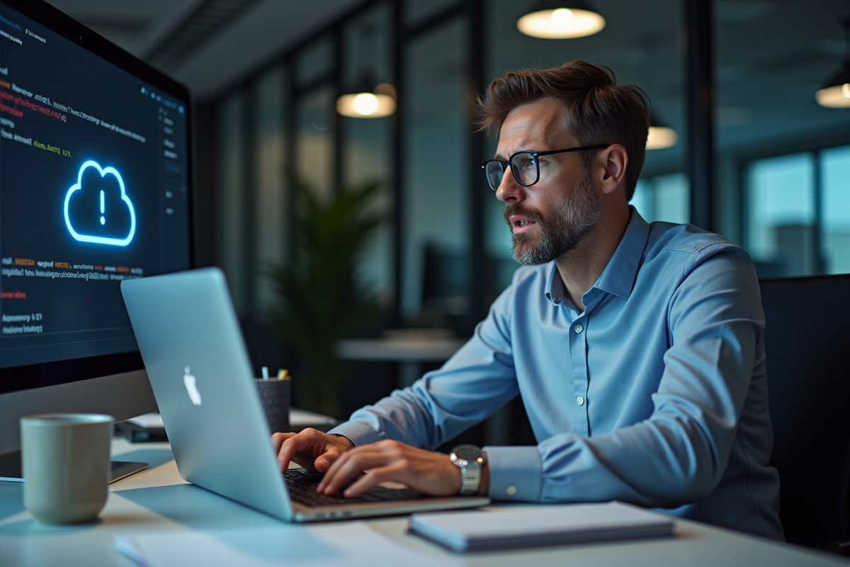 Homme professionnel IT concentré devant un ordinateur avec symbole d'alerte