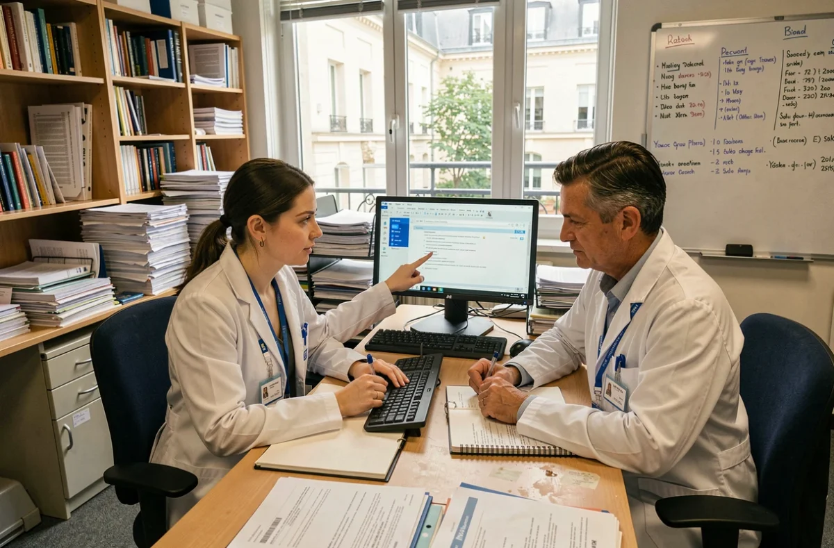 Deux professionnels de santé AP-HP consultant ensemble la messagerie Outlook sur un poste de travail dans un bureau administratif d'hôpital parisien