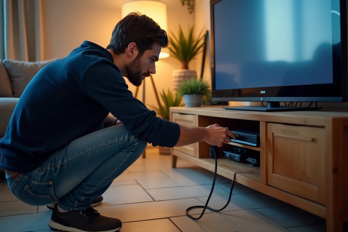 Homme redémarrant sa Livebox en débranchant le câble d'alimentation pour résoudre un clignotement blanc