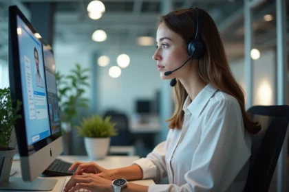 Jeune femme en service client interactant avec un chatbot